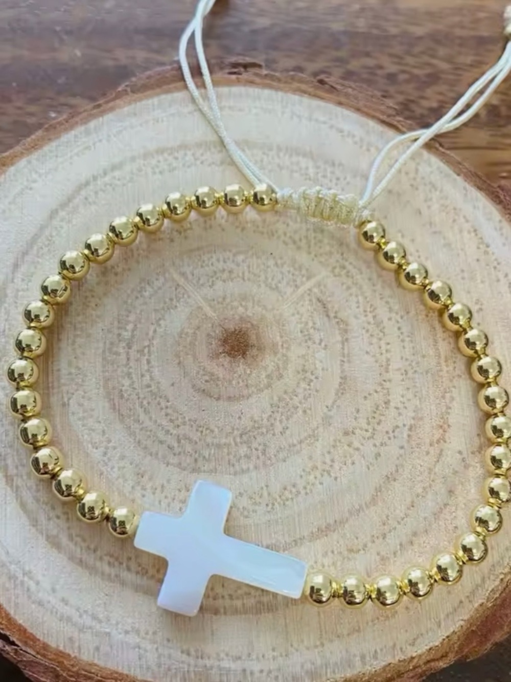 Gold Beaded Bracelet with White Cross Charm - Adjustable Women’s Bracelet